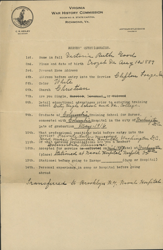 Image of Victoria Ruth Good questionnaire page 1