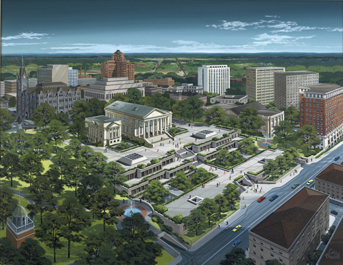 Aerial Perspective of Proposed Redesign of Capitol Square, Richmond. Cooke Brackett. Ca. 1973. General Assembly, House of Delegates, Acc. 36478. Library of Virginia.