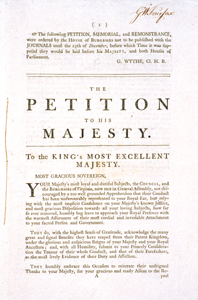 Petition Memorial and Remonstrance. Williamsburg: William Rind, 1769