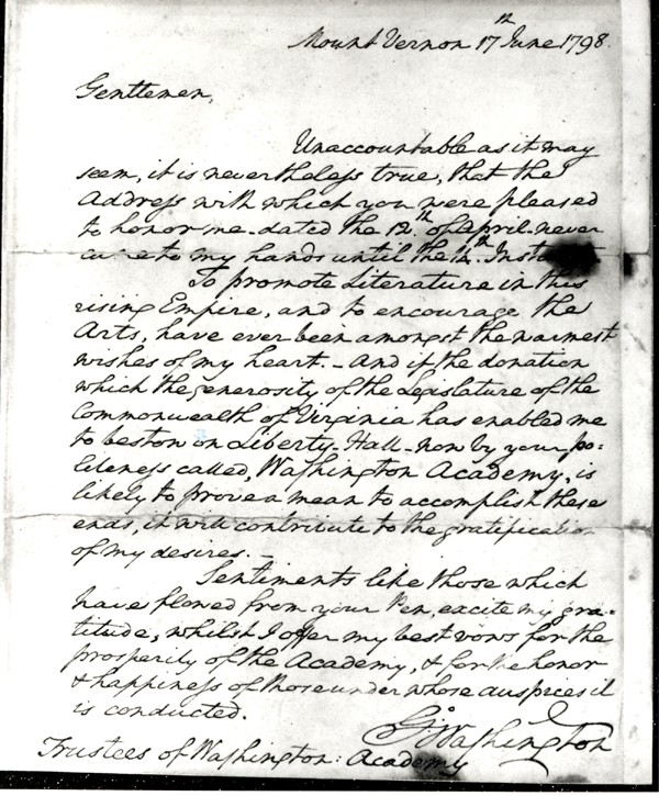 George Washington's letter of June 17, 1798 to the Liberty Hall Academy Trustees thanking them for renaming the school Washington Academy in his honor(George Washington Papers, Special Collections, Leyburn Library, Washington and Lee University)