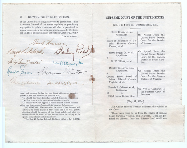 Original, signed copy of the Supreme Court case, Brown v. Board of Education of Topeka